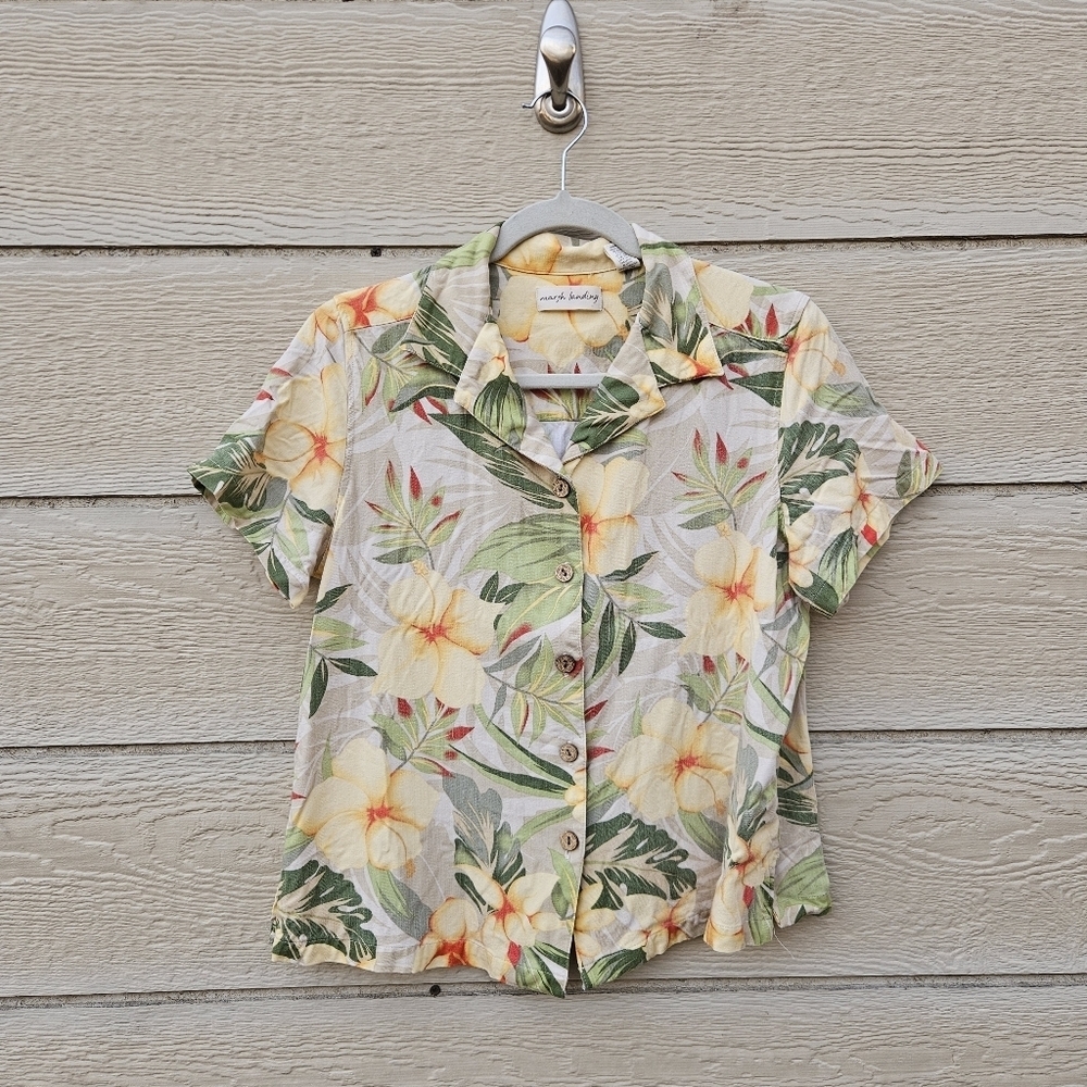 Marsh Landing cropped aloha shirt beige yellow green medium